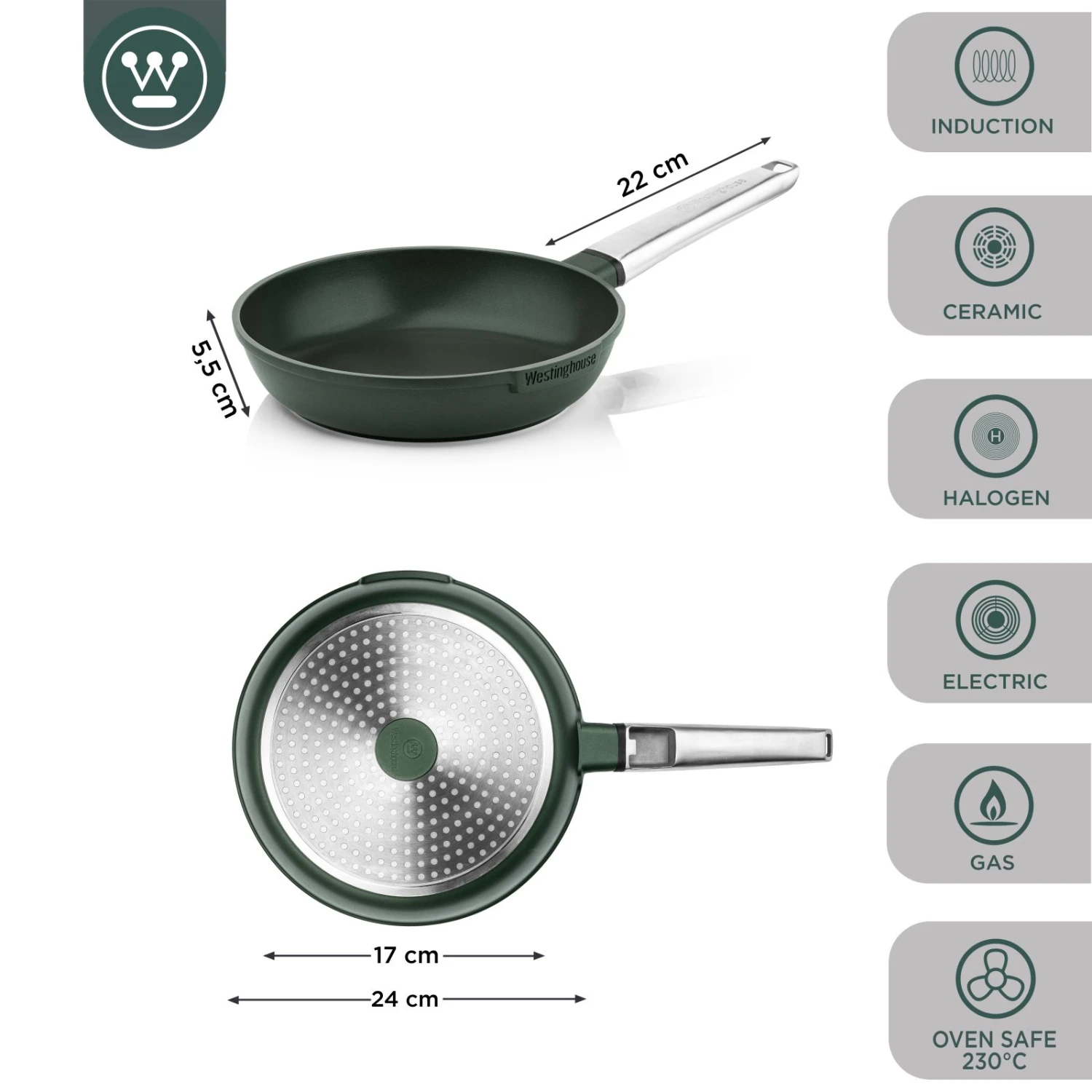 Westinghouse Koekenpan Performance - Gracious Green - ø 24 Cm - Standaard Anti-aanbaklaag - Afbeelding 2